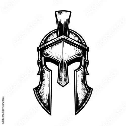 Spartan warrior engraving black and white outline. Scratch board imitation.  illustrated in vintage line art style on a white background.