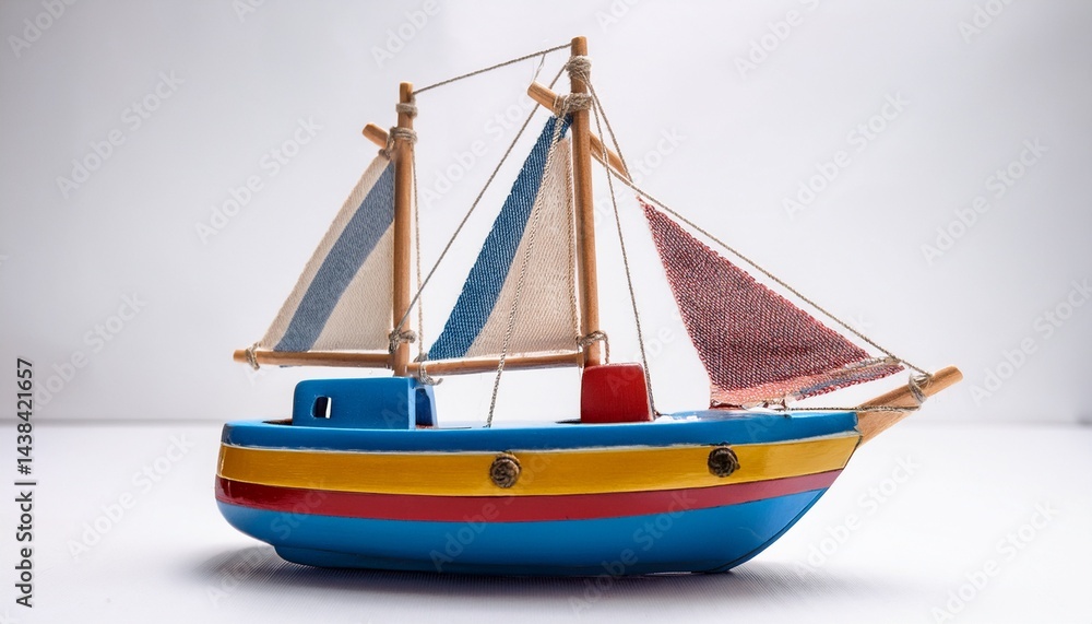 colorful toy sailboat on a white background handcrafted with vibrant sails and a weathered hull for nautical decor colorful toy sailboat on a white background handcrafted with vibrant sails and a weathered hull for nautical decor