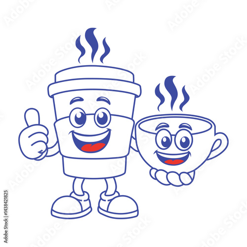 
Coffee cup and takeaway cup with smiling faces for advertising, branding, posters and banners, funny cartoon illustrations with smiling character, coffee cup mascot, print and sticker.