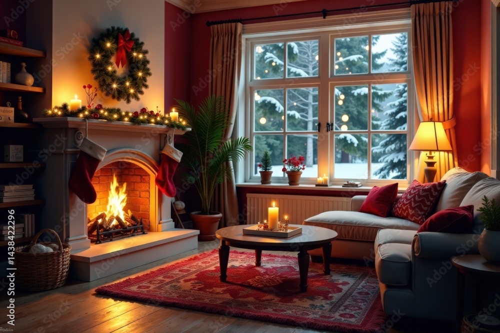 Fototapeta premium Cozy living room with winter decor, fireplace, and stockings , decorations, home, winter