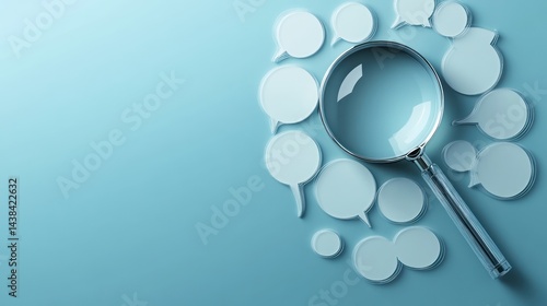 Magnifying glass surrounded by speech bubbles on a light blue background
