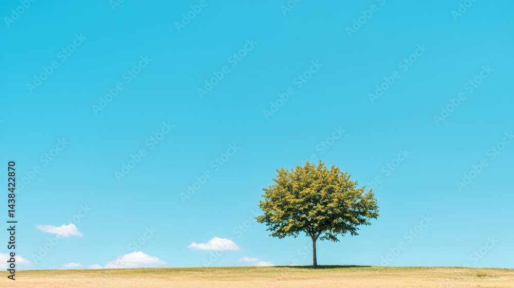 Obraz premium A lone tree stands on a hill, its green leaves contrasting with the clear blue sky.