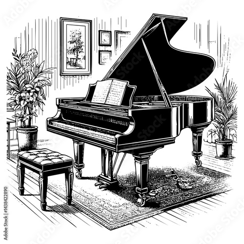 Grand piano engraving black and white outline. Scratch board imitation.  illustrated in vintage line art style on a white background.