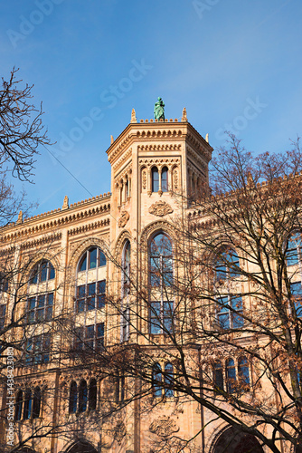 tower of the historic upper bavarian parliamant, facade with stucco ornate, munich city