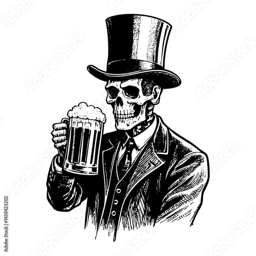 Skull wear top hat and suit holding beer isolated engraving black and white outline. Scratch board imitation.