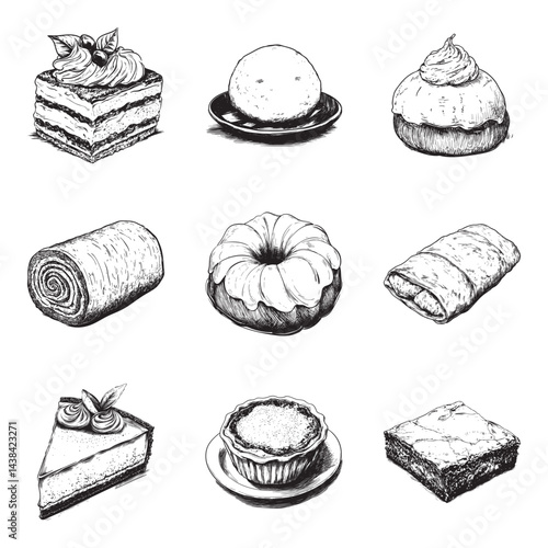 Set of dessert vector illustrations - hand drawn dessert - black and white dessert isolated on white background