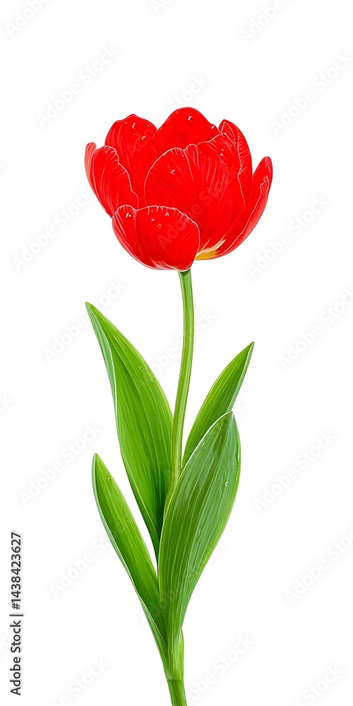 Vibrant red tulip with green leaves isolated on white Vibrant red tulip with green leaves isolated on white