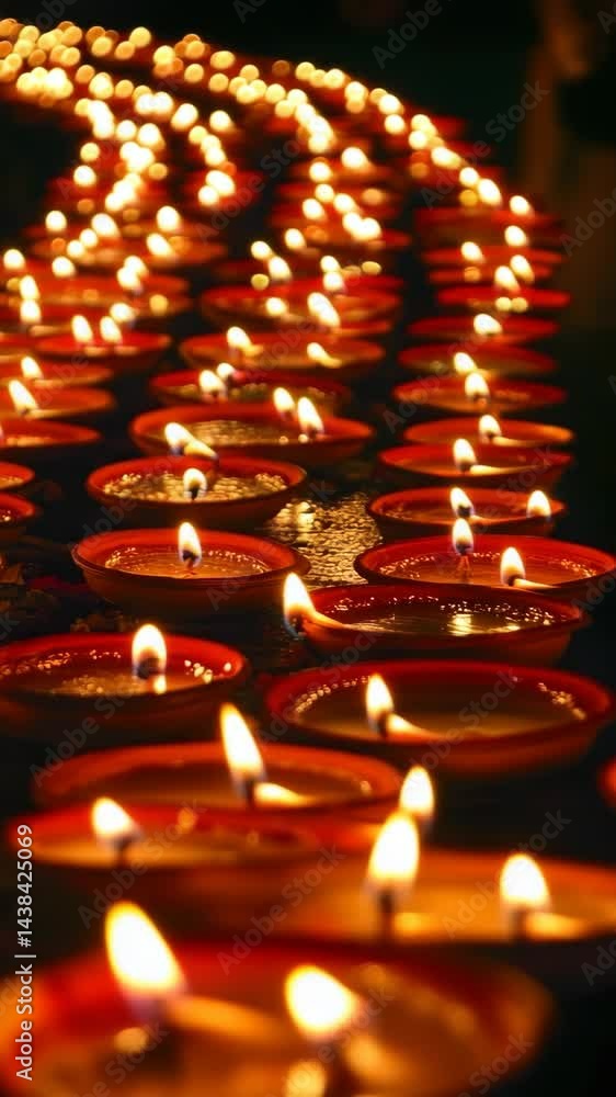 Many burning oil lamps arranged in rows, creating a warm and inviting atmosphere for festival, celebration or religious occasion.