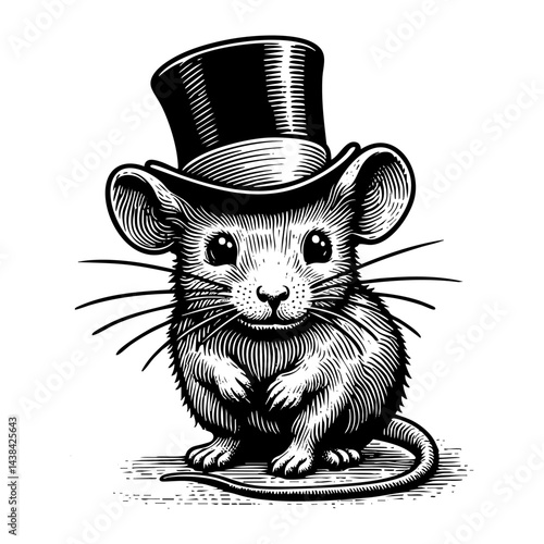 Mouse wear top hat sketch engraving black and white outline. Scratch board imitation.
