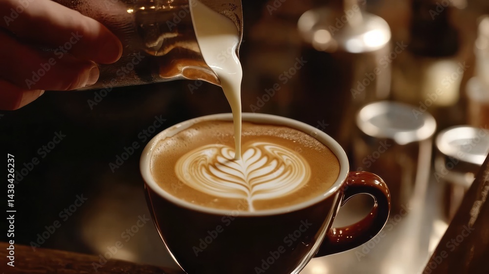 Coffee Art Creation with Milk Pouring in a Cozy Café Setting Coffee Art Creation with Milk Pouring in a Cozy Café Setting