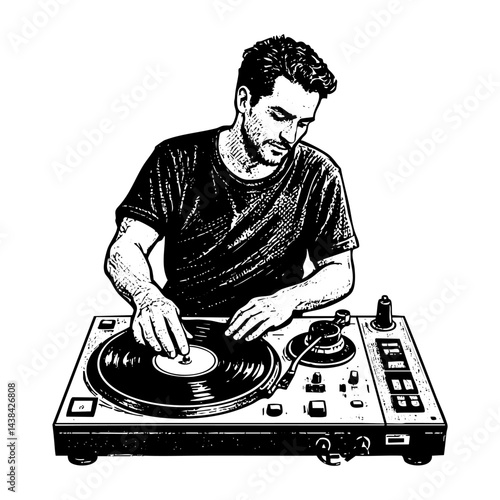 Man dj sketch engraving black and white outline. Scratch board imitation.  illustrated in vintage line art style on a white background.
