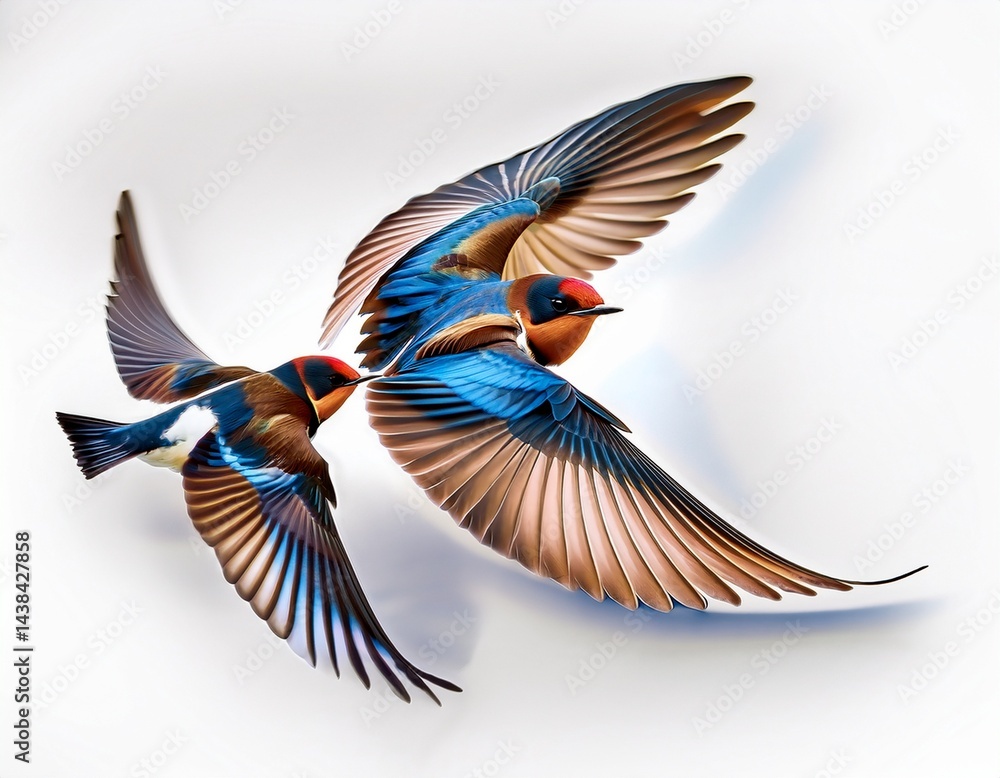 Obraz premium colorful swallows flying gracefully showcasing wings in motion on white background