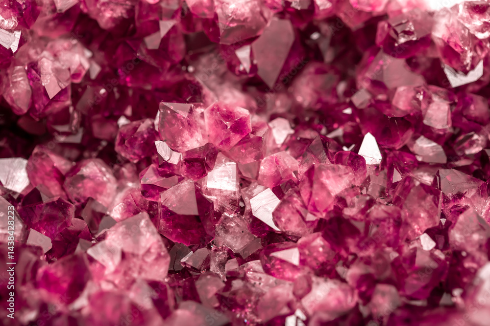 Obraz premium Amethyst garnet crystals. Burgundy gemstone. Mineral crystals in the natural environment. Texture of precious and semiprecious stones. Colored shiny surface of precious stones.