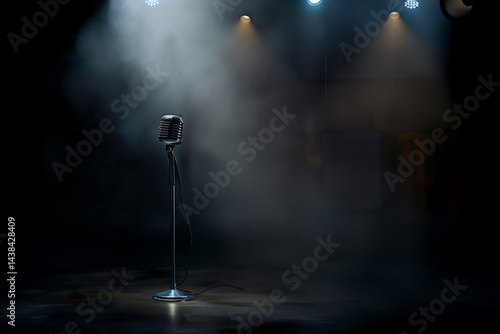 Microphone vintage sur pied isolé au centre d’une scène sombre avec projecteurs et atmosphère enfumée, composition scénique avec espace négatif copyspace