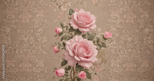 Intricate damask pattern with pink roses on a taupe background, pattern, texture
