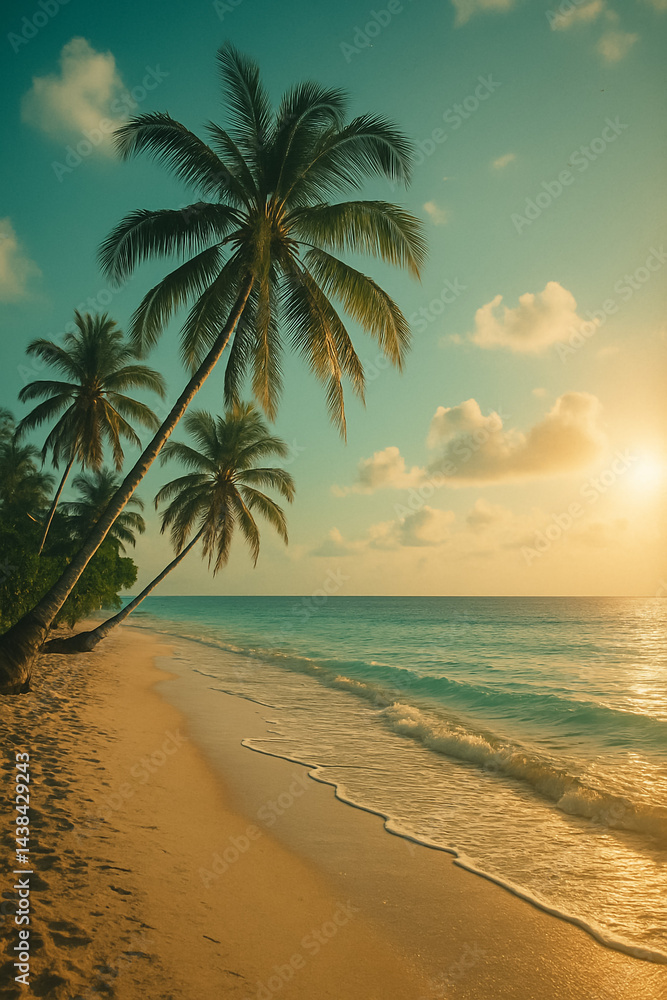 Obraz premium Tropical Beach with Palm Trees at Sunset, Golden Sand Shoreline, Tranquil Ocean Waves, Paradise Vacation Background