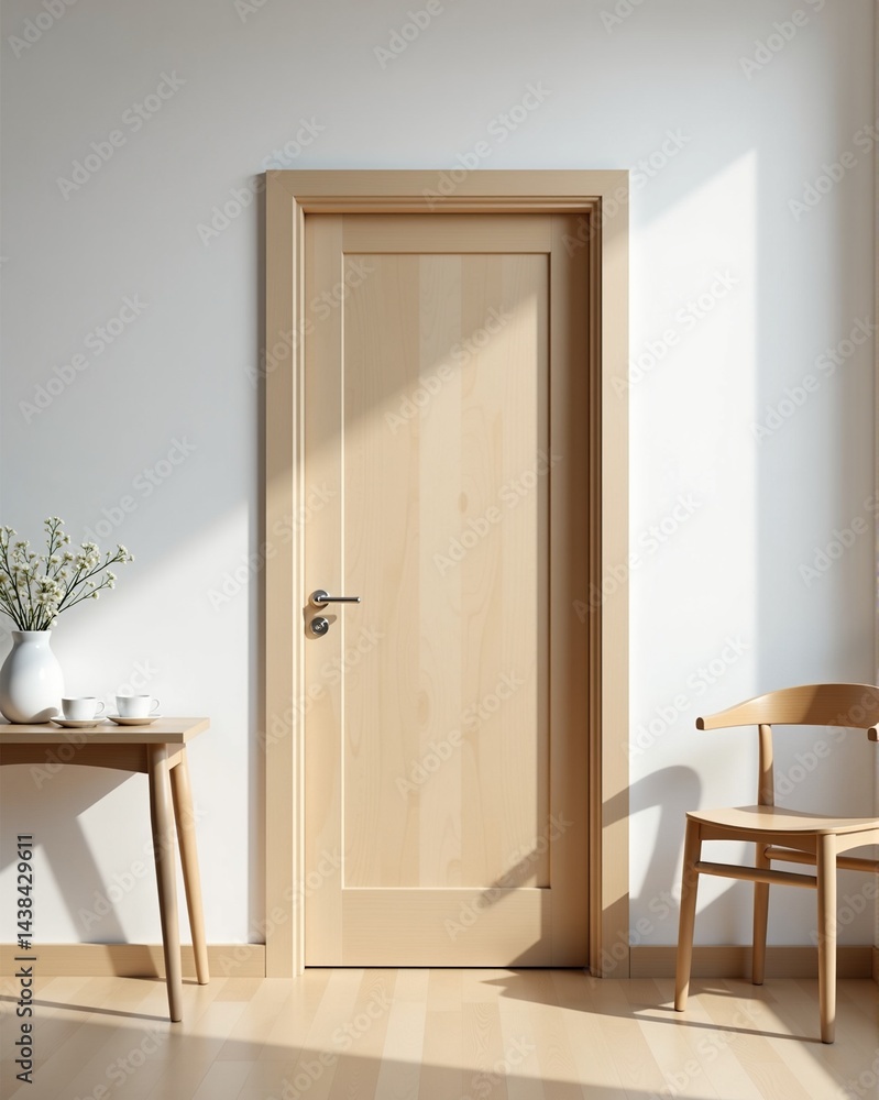 Fototapeta premium Minimalist interior scene featuring a light wooden door, chair, and table with cups and a vase of flowers. Sunlight streams into the room.