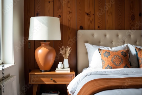 Sunlit bedroom interior with a wooden wall, a beige bed, and orange pillows. Calm, relaxing aesthetic.