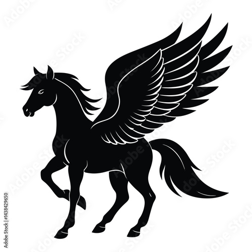 Silhouette of a Flying Pegasus with Majestic Wings in Black Design