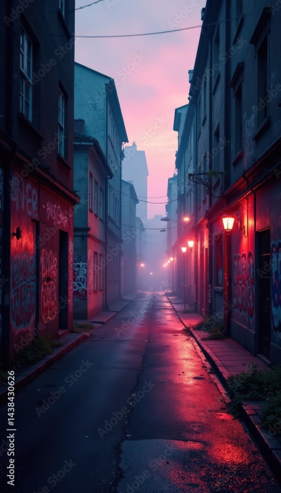 Edgy cityscape at dusk with graffiti covered walls and misty fog, modern, fog, nightlife Edgy cityscape at dusk with graffiti covered walls and misty fog, modern, fog, nightlife