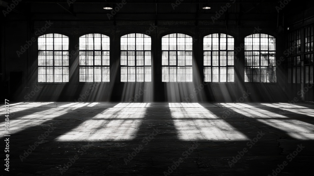 A black and white photograph of a large room with six arched windows and a concrete floor. A black and white photograph of a large room with six arched windows and a concrete floor.