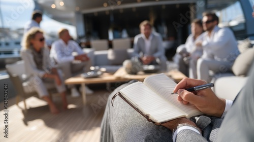 Group of business professionals having a meeting on a yacht