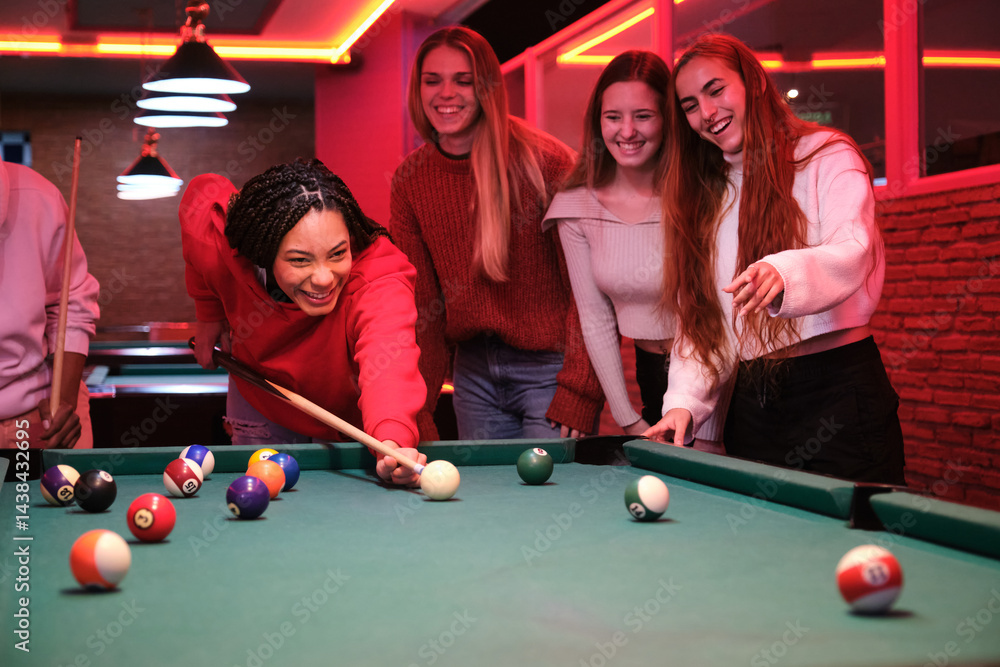 Group of friends having fun playing pool in a vibrant bar, enjoying the nightlife and friendly competition