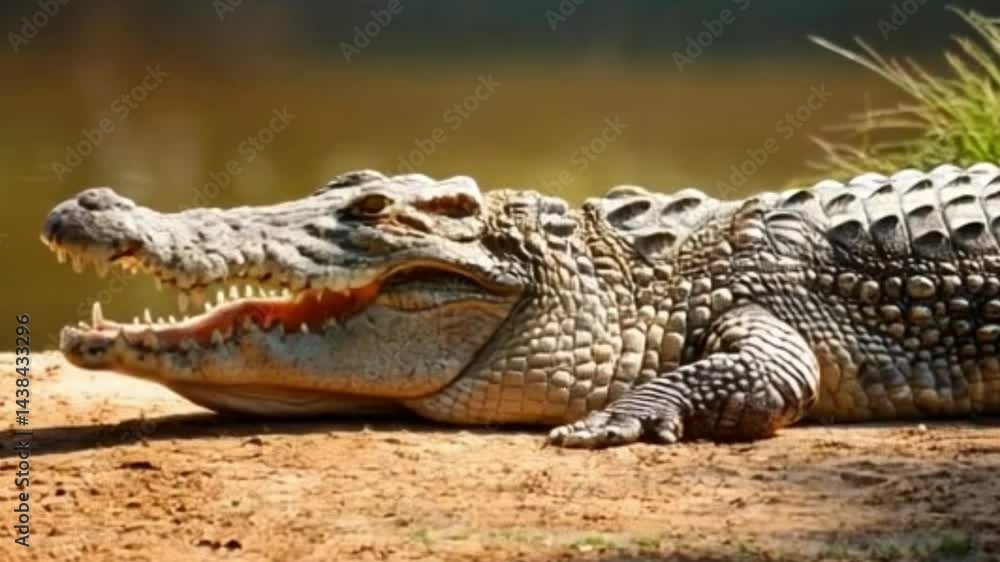 Crocodile lies with open mouth and sunbathing to relieve heat Crocodile lies with open mouth and sunbathing to relieve heat
