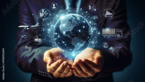 Hands holding globe with network connecting data of logistics management and supply chain operations, transportation routes, inventory systems, distribution centers, procurement strategies