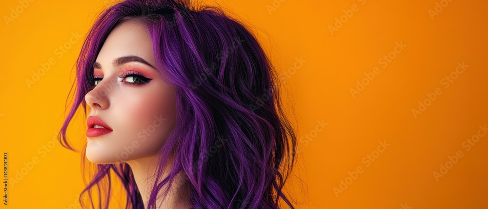 A creative portrait showcasing a young woman with vibrant purple hair and stylish makeup, exuding confidence against an eye-catching orange monotone background A creative portrait showcasing a young woman with vibrant purple hair and stylish makeup, exuding confidence against an eye-catching orange monotone background