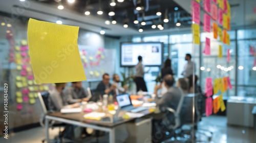 Team collaboration in modern office with brainstorming session and sticky notes