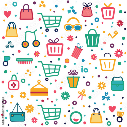 Cute shopping pattern with gifts, bags, and carts