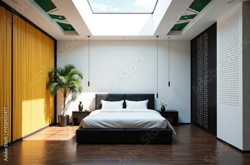 Modern minimalist bedroom interior design with kingsize bed, sunlight, and plants. Perfect for real estate, home decor, and interior design websites.