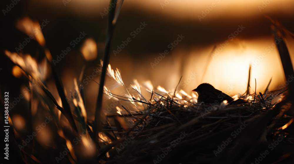 Bird nesting at sunrise with warm light and serene setting.