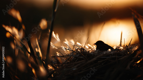Obraz na płótnie Bird nesting at sunrise with warm light and serene setting. w salonie