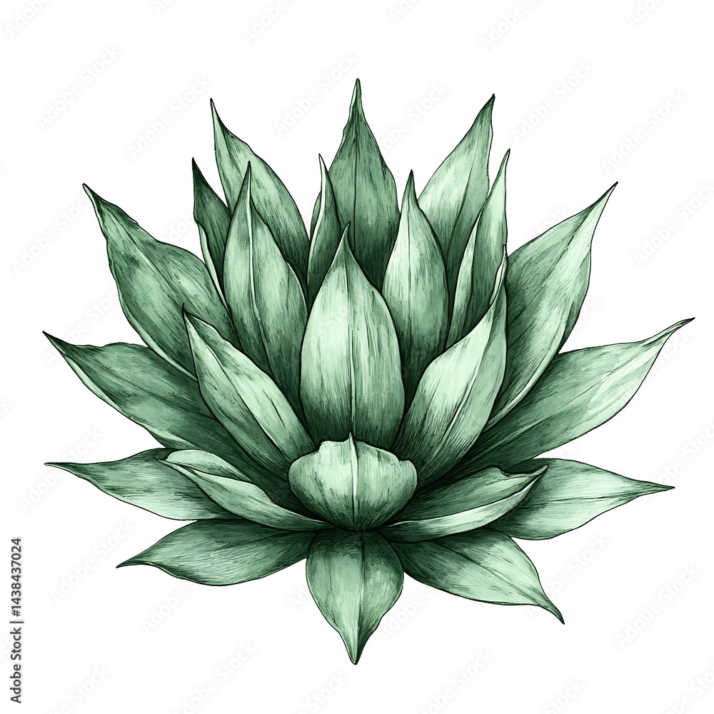Elegant Green Leaf Arrangement: Minimalist Design, Botanical Illustration of a Succulent-like Plant on White Background.