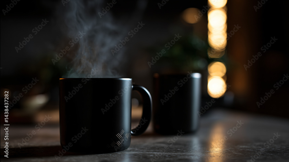 Black ceramic coffee mug with hot beverage - minimal design