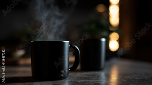 Obraz na płótnie Black ceramic coffee mug with hot beverage - minimal design w salonie