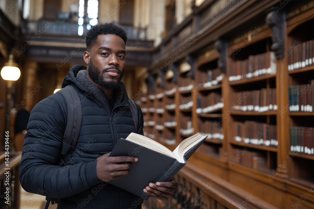 A man wearing a black jacket and backpack is reading a book in a library A man wearing a black jacket and backpack is reading a book in a library