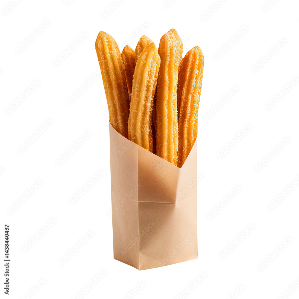 crispy churros coated in sugar isolated on transparent white background, clipping path