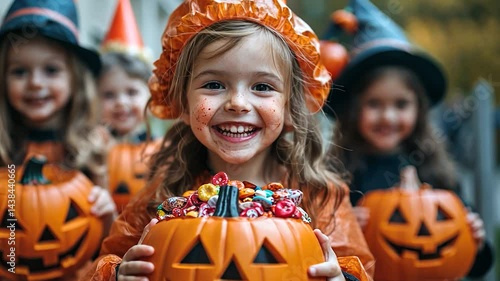 Smiling Children In Halloween Costumes Holding Pumpkins Filled With Candy