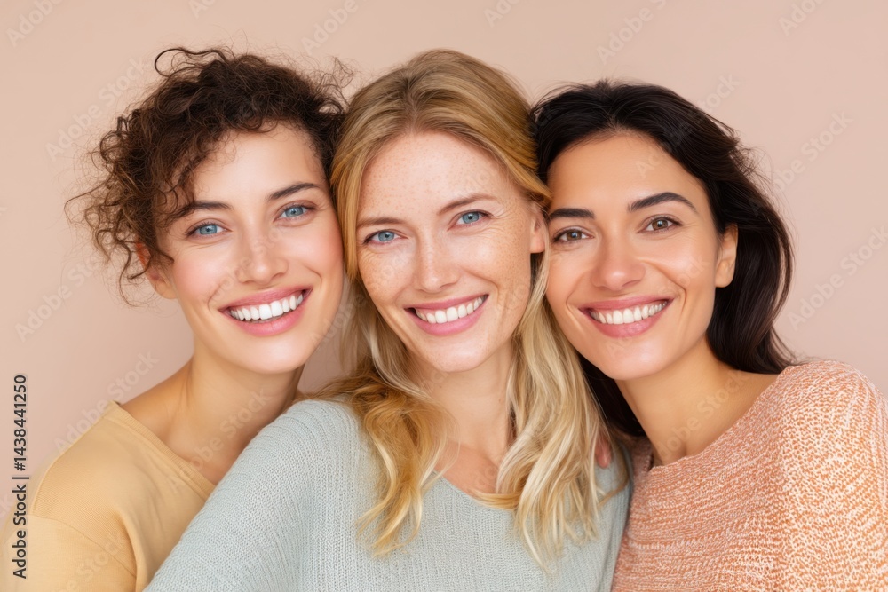 Joyful group of three diverse women smiling brightly against soft pastel background showcasing friendship, confidence, and natural beauty in harmonious connection Joyful group of three diverse women smiling brightly against soft pastel background showcasing friendship, confidence, and natural beauty in harmonious connection