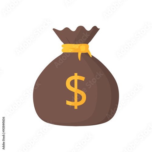 Brown money bag with yellow dollar sign and tie. Ideal for finance concepts, banking, investments, savings, and wealth related designs.