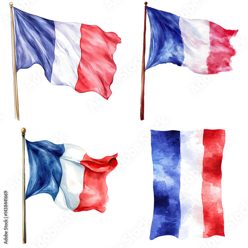 France flags collection, watercolor style, white isolated background.