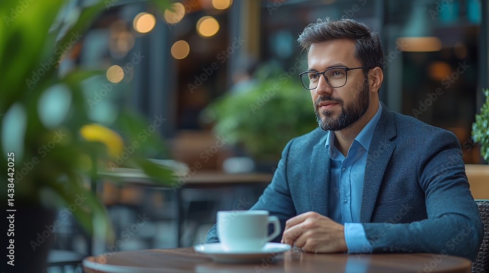 Man enjoys coffee at outdoor cafe, city background Man enjoys coffee at outdoor cafe, city background