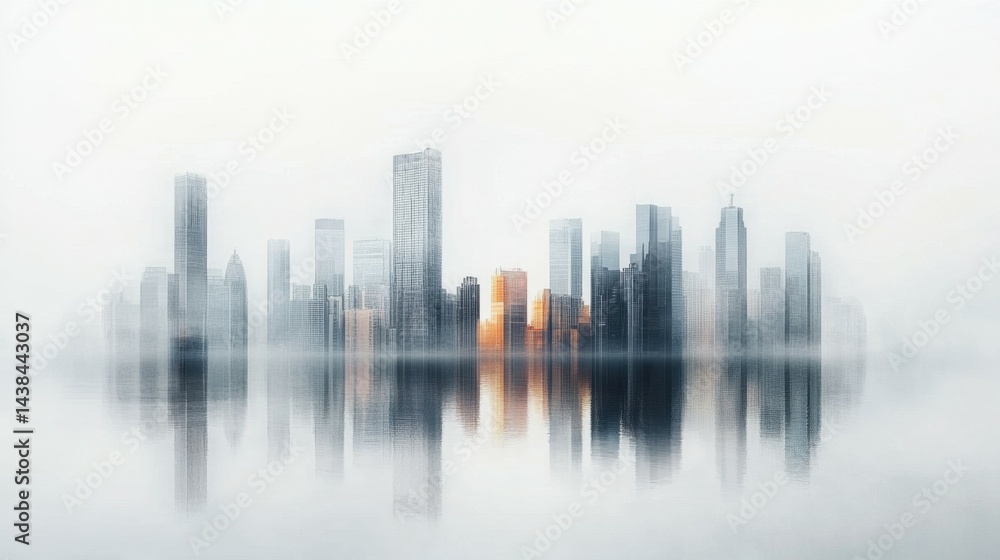 Fototapeta premium Misty cityscape reflection: futuristic skyline on a foggy horizon