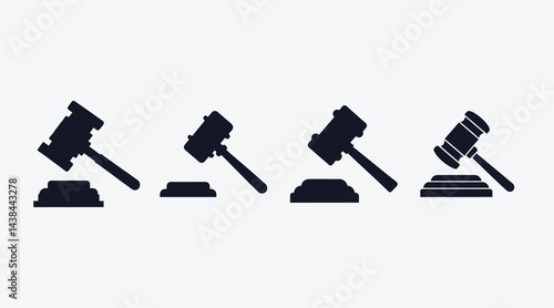 Judge Gavel Icons Set Silhouette, Courtroom, Law, and Auction Symbols On White Background