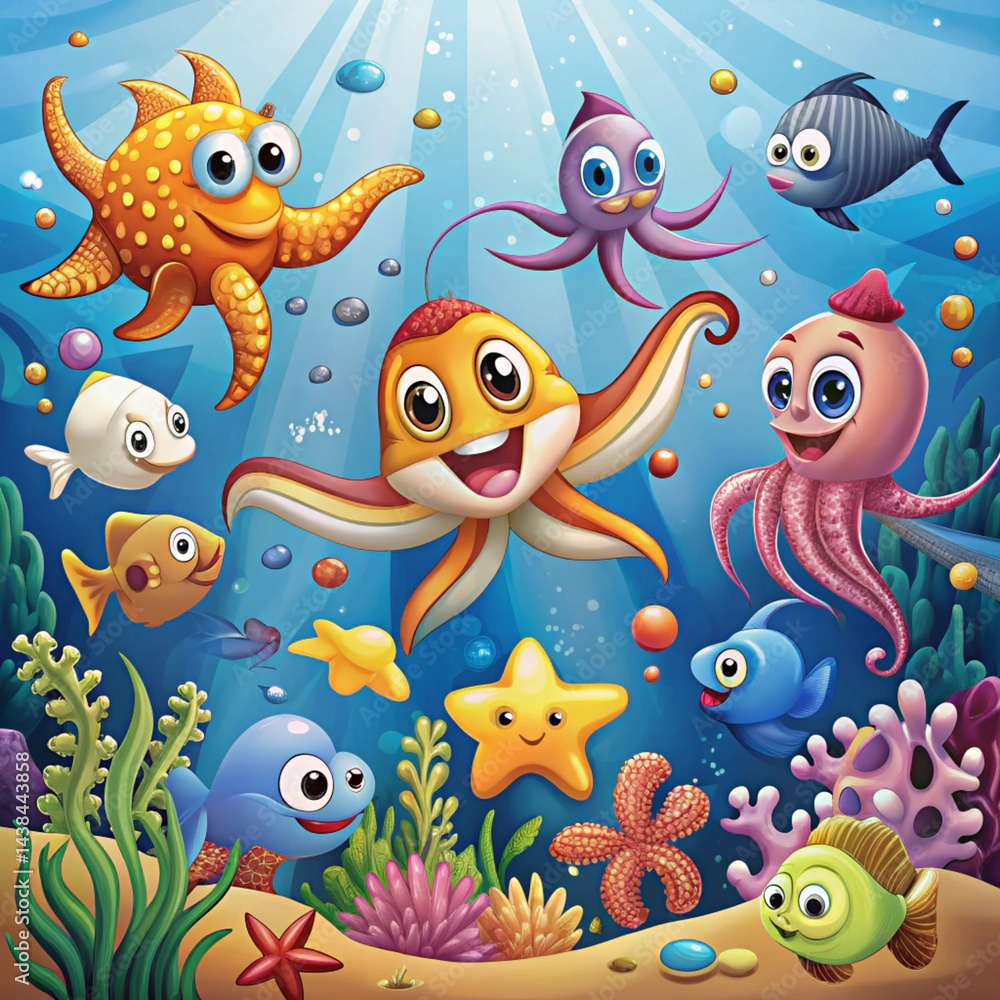 Underwater cartoon creatures, vibrant colors, playful scene Underwater cartoon creatures, vibrant colors, playful scene