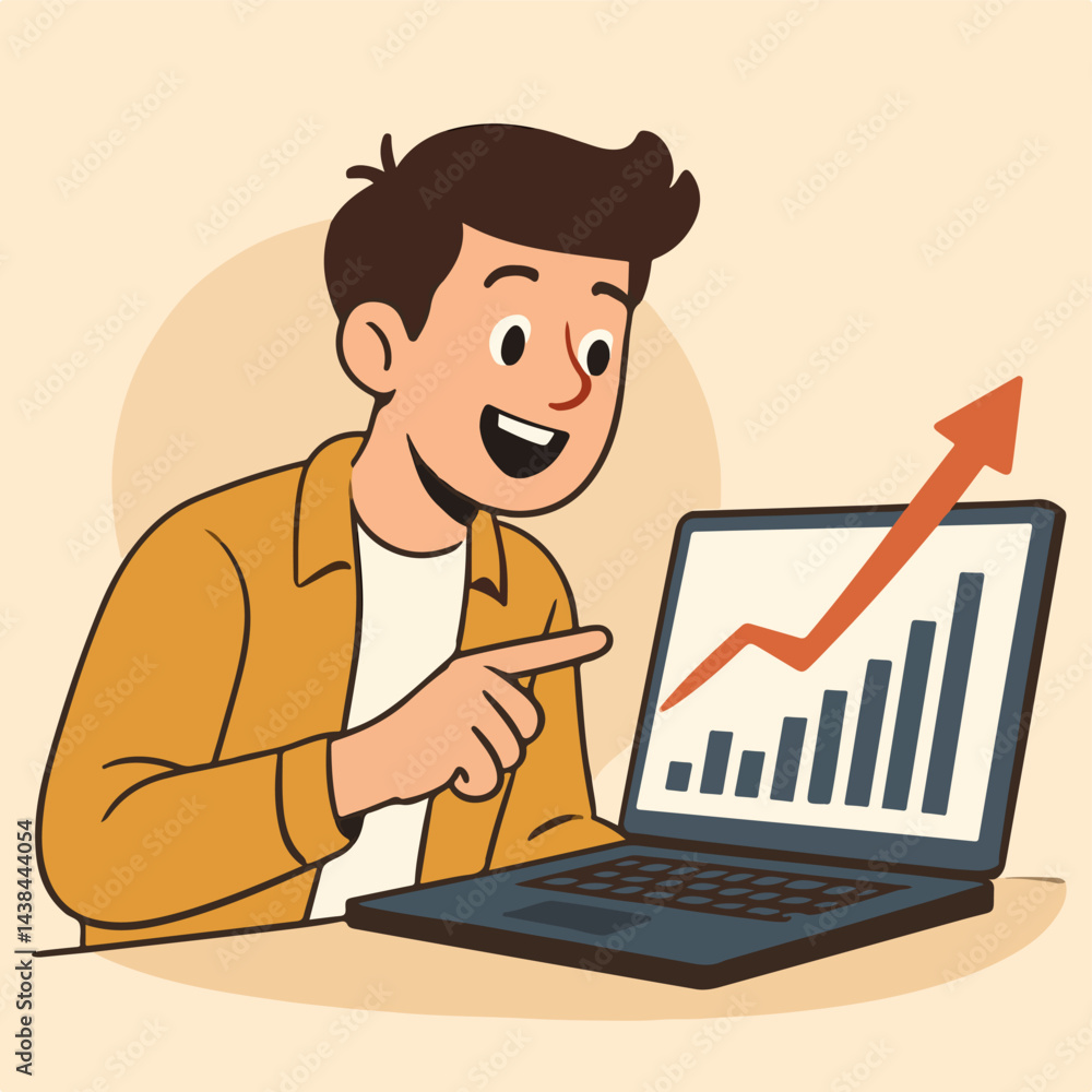 Young investor looking at rising stock chart on laptop, fintech concept, vector flat illustration Young investor looking at rising stock chart on laptop, fintech concept, vector flat illustration