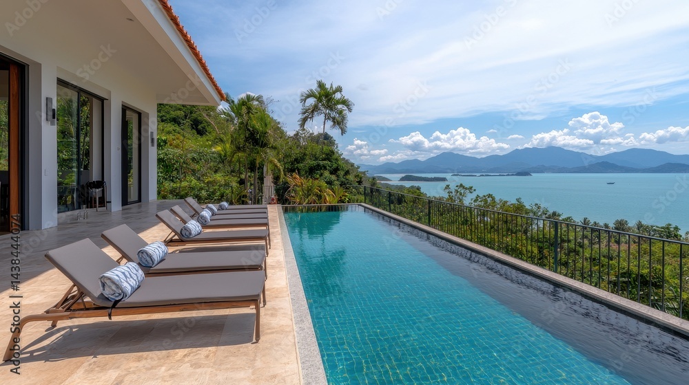 Fototapeta premium Serene Poolside View with Loungers Overlooking Tropical Landscape